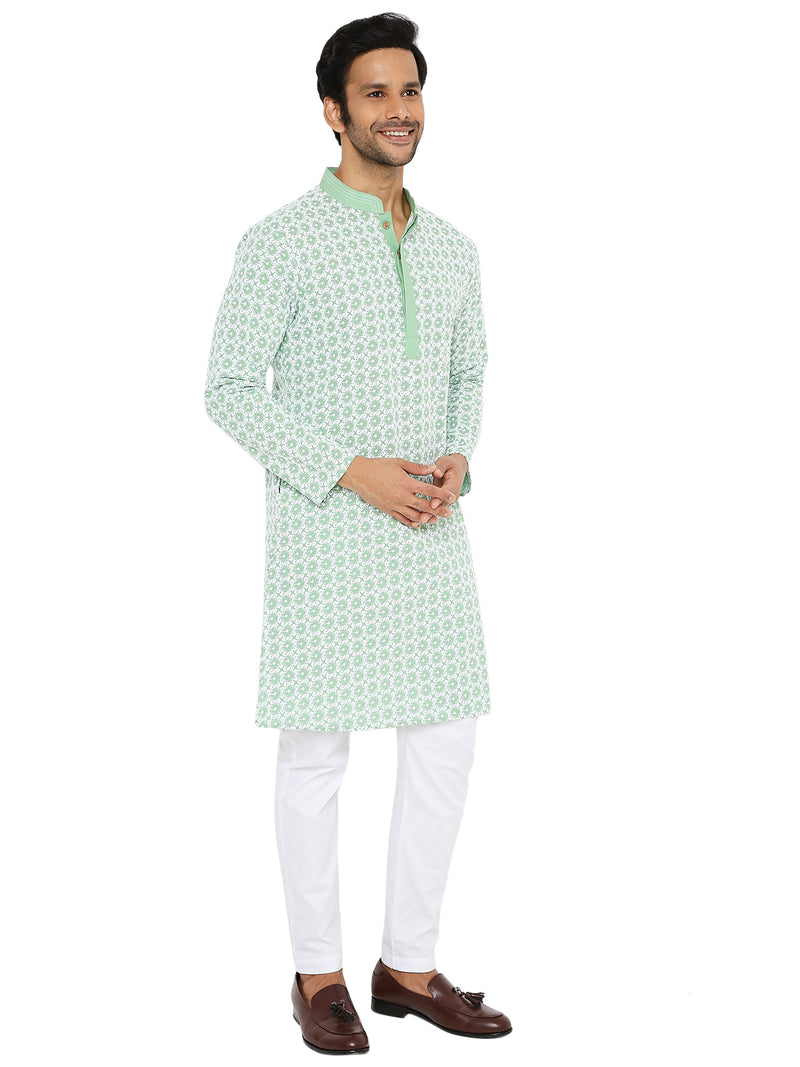 Be Desi mens chikankari kurta made from pure cotton in green color