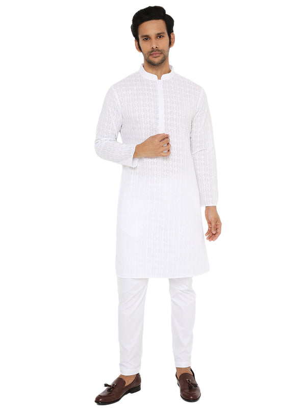 WHITE REGULAR FIT KURTA  PYJAMA SET WITH DIAMOND THREAD EMBRIODERY