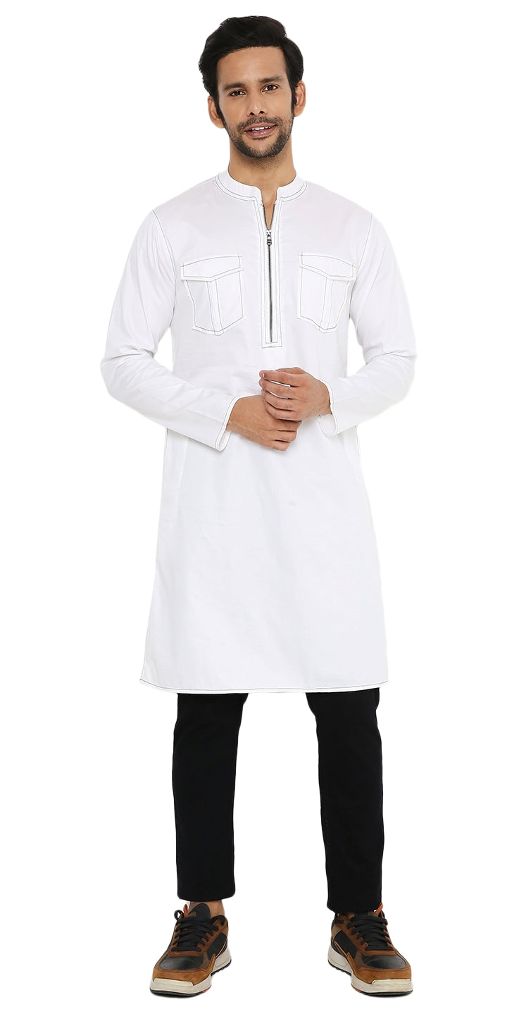 WHITE LONG ZIPPER KURTA WITH PATCH POCKET ELEMENT
