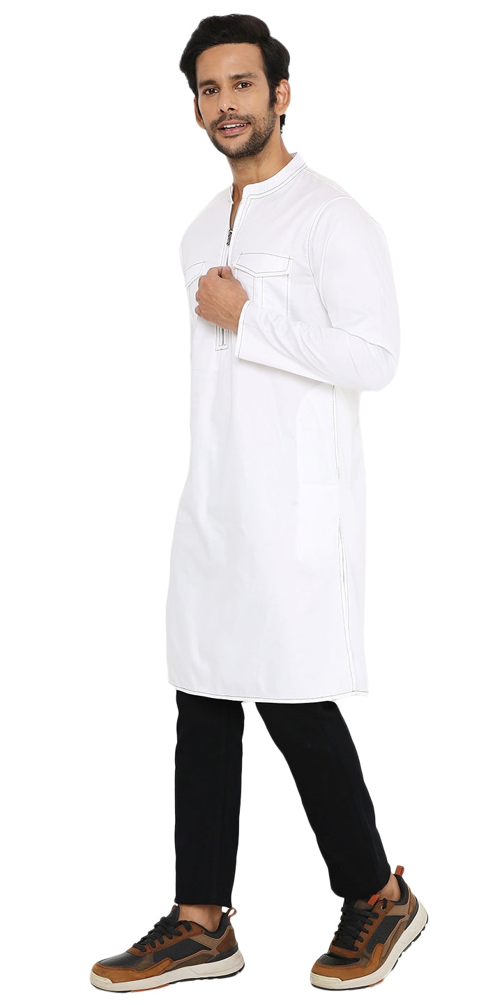WHITE LONG ZIPPER KURTA WITH PATCH POCKET ELEMENT