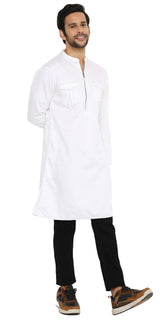 WHITE LONG ZIPPER KURTA WITH PATCH POCKET ELEMENT