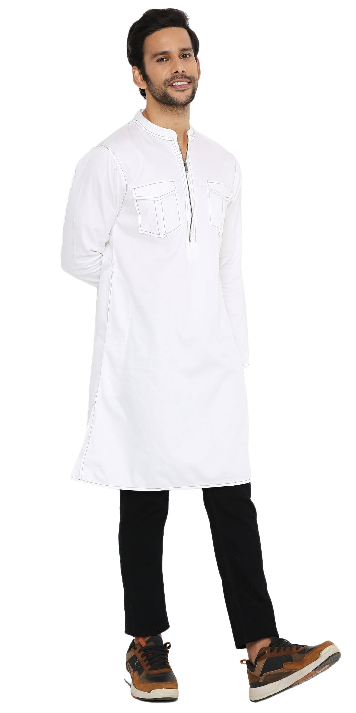 WHITE LONG ZIPPER KURTA WITH PATCH POCKET ELEMENT