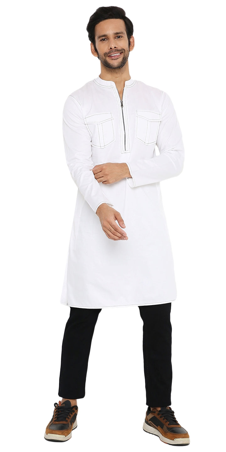 WHITE LONG ZIPPER KURTA WITH PATCH POCKET ELEMENT