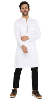 WHITE LONG ZIPPER KURTA WITH PATCH POCKET ELEMENT
