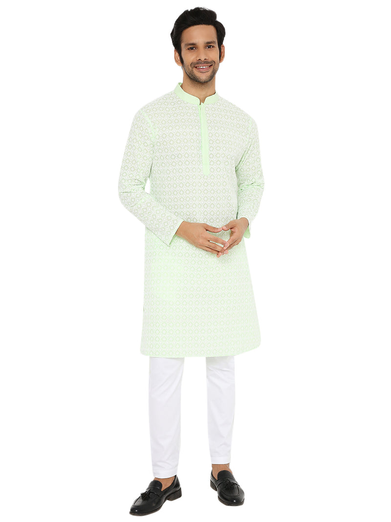 PISTA GREEN REGULAR FIT KURTA WITH WHITE THREAD EMBRIODERY