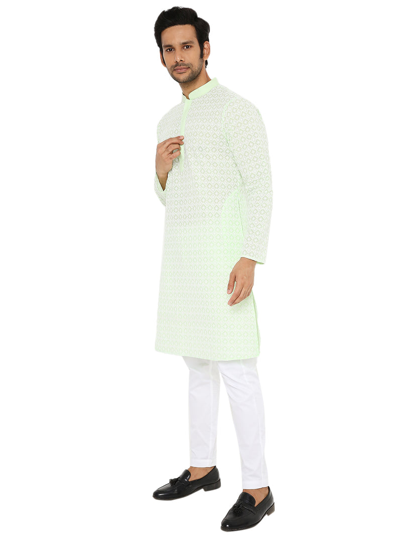 PISTA GREEN REGULAR FIT KURTA WITH WHITE THREAD EMBRIODERY