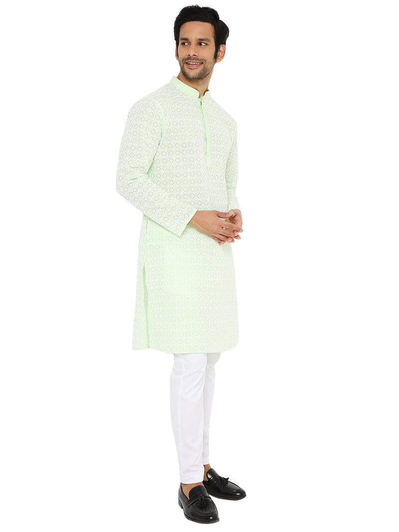 PISTA GREEN REGULAR FIT KURTA WITH WHITE THREAD EMBRIODERY