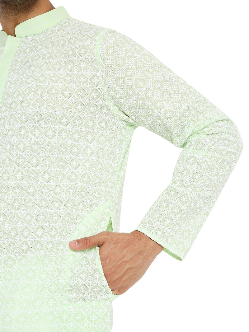 PISTA GREEN REGULAR FIT KURTA WITH WHITE THREAD EMBRIODERY