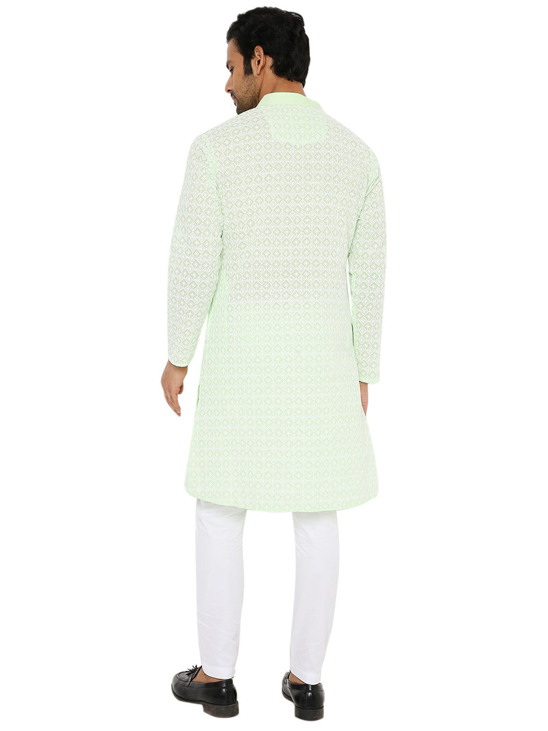 PISTA GREEN REGULAR FIT KURTA WITH WHITE THREAD EMBRIODERY