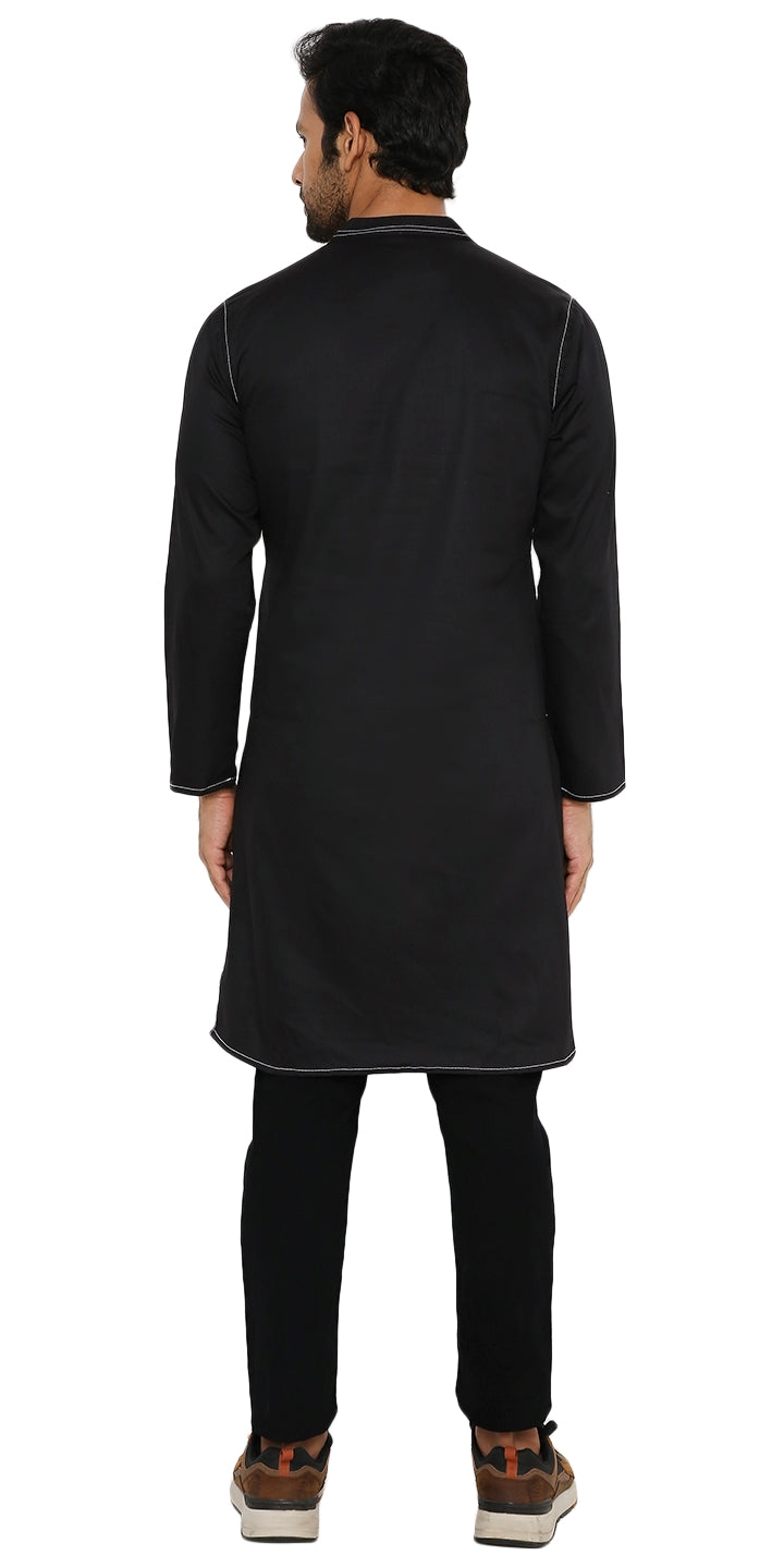 JET BLACK LONG ZIPPER KURTA WITH PATCH POCKET ELEMENT