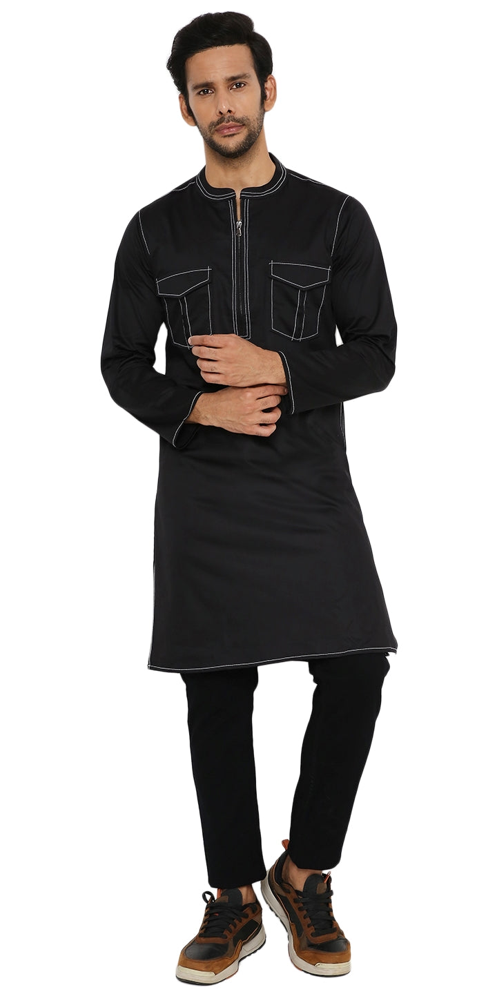 JET BLACK LONG ZIPPER KURTA WITH PATCH POCKET ELEMENT