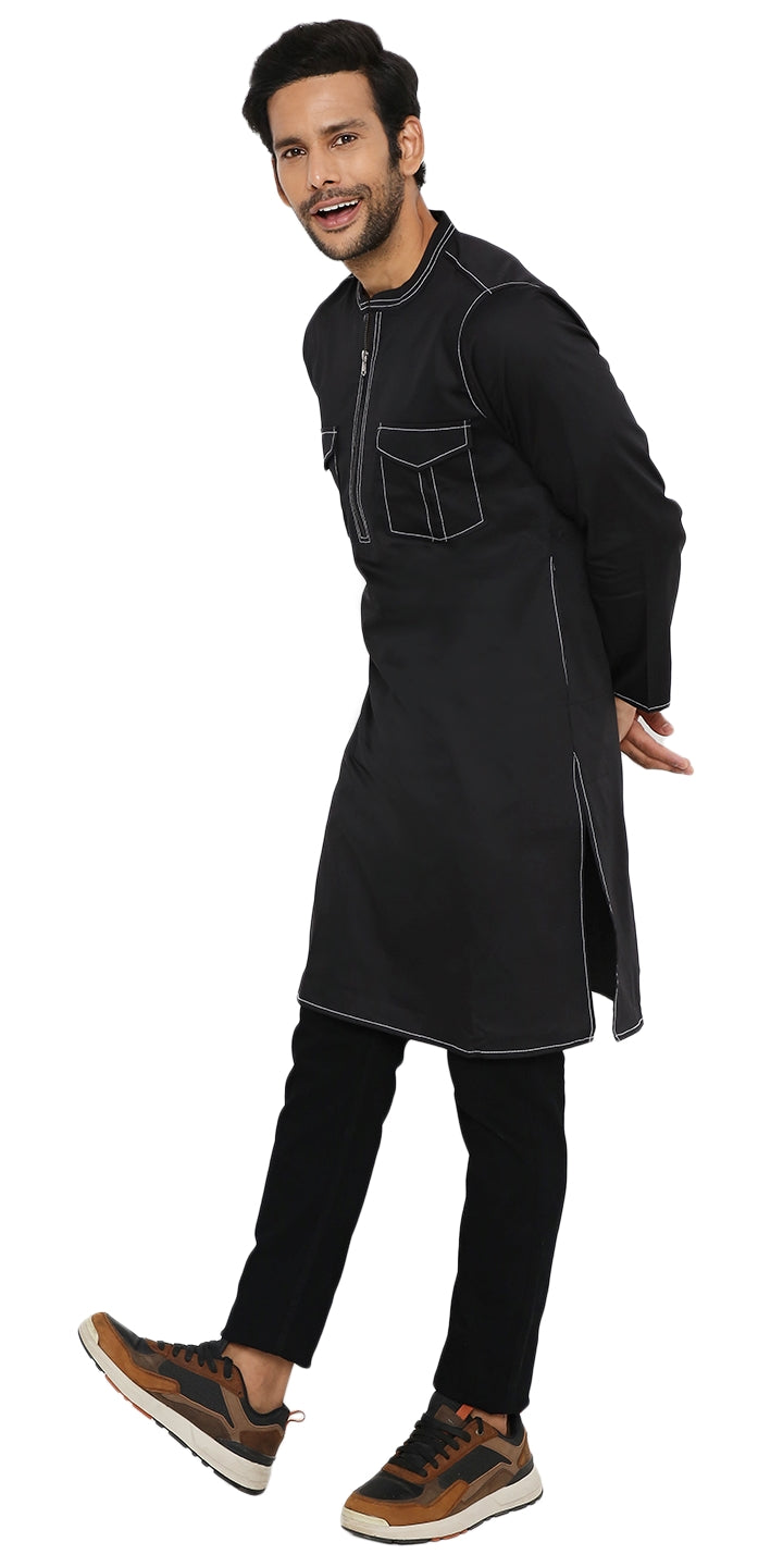 JET BLACK LONG ZIPPER KURTA WITH PATCH POCKET ELEMENT