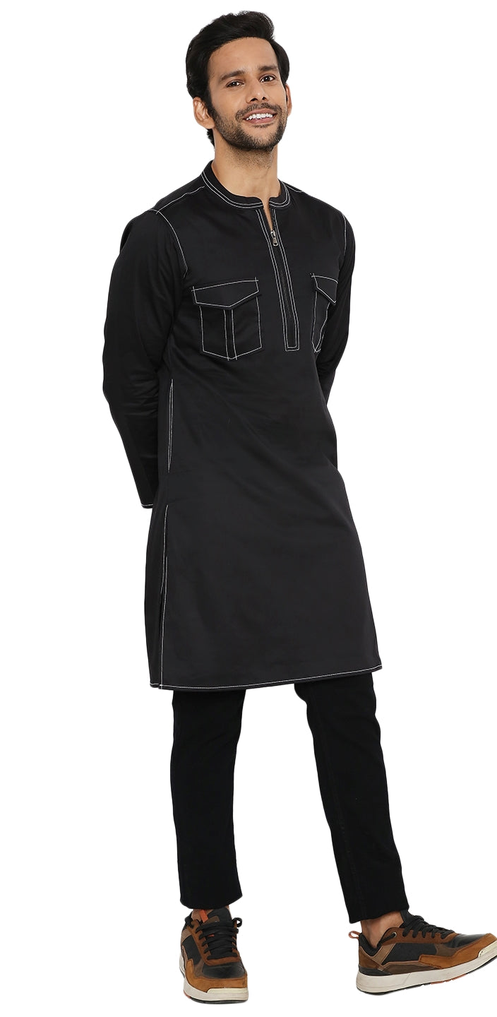 JET BLACK LONG ZIPPER KURTA WITH PATCH POCKET ELEMENT