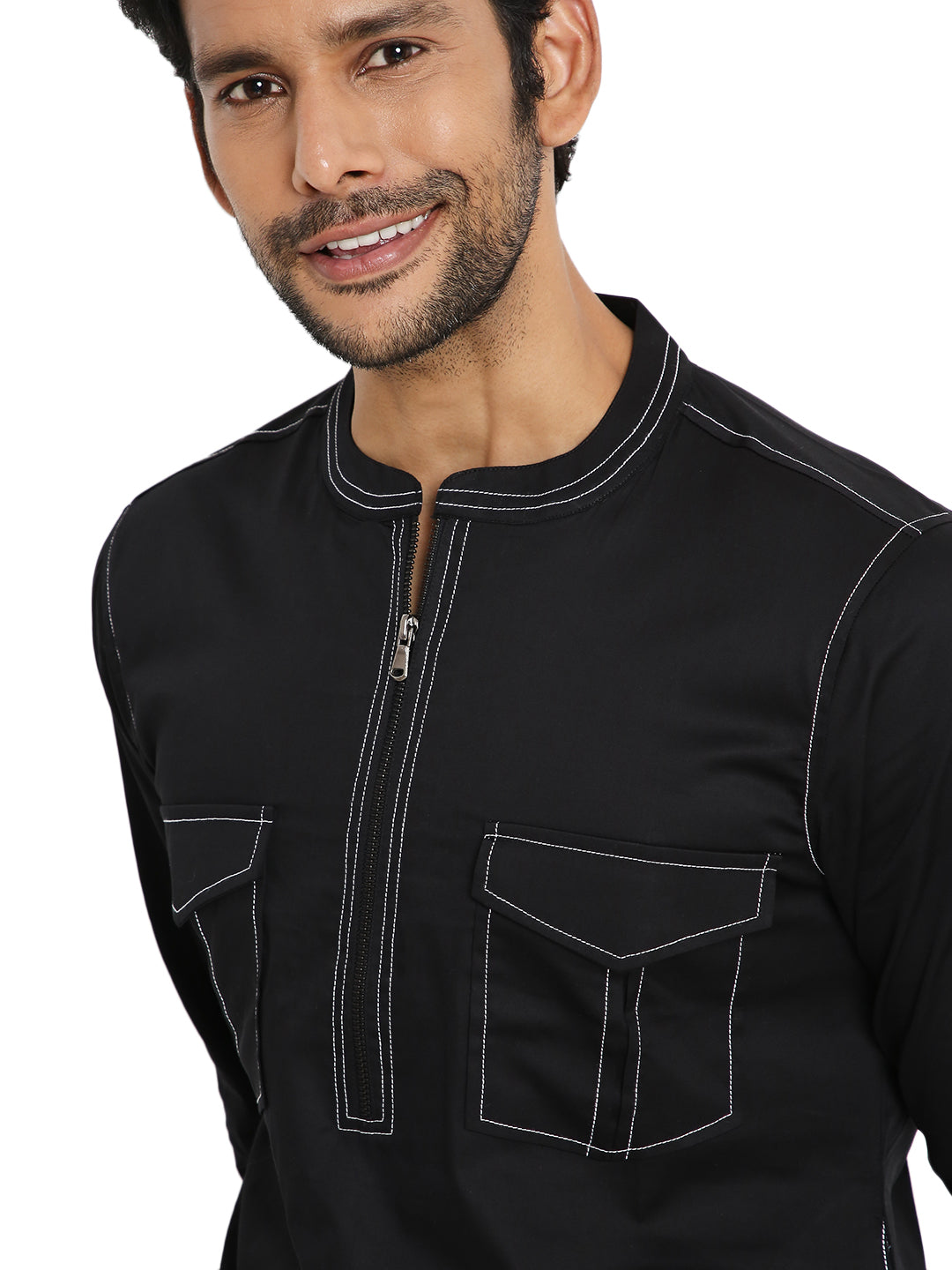 JET BLACK LONG ZIPPER KURTA WITH PATCH POCKET ELEMENT