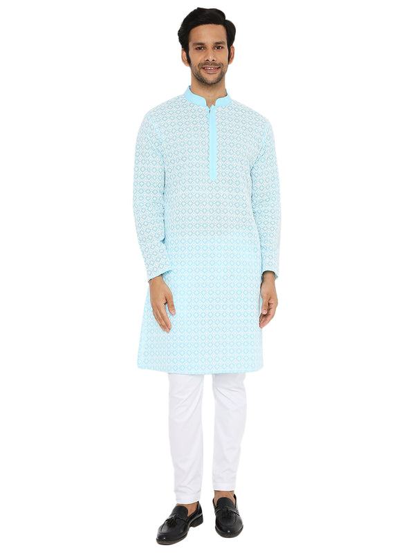 OLYMPIC BLUE REGULAR FIT KURTA WITH WHITE THREAD EMBRIODERY