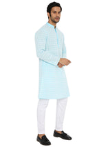 OLYMPIC BLUE REGULAR FIT KURTA WITH WHITE THREAD EMBRIODERY
