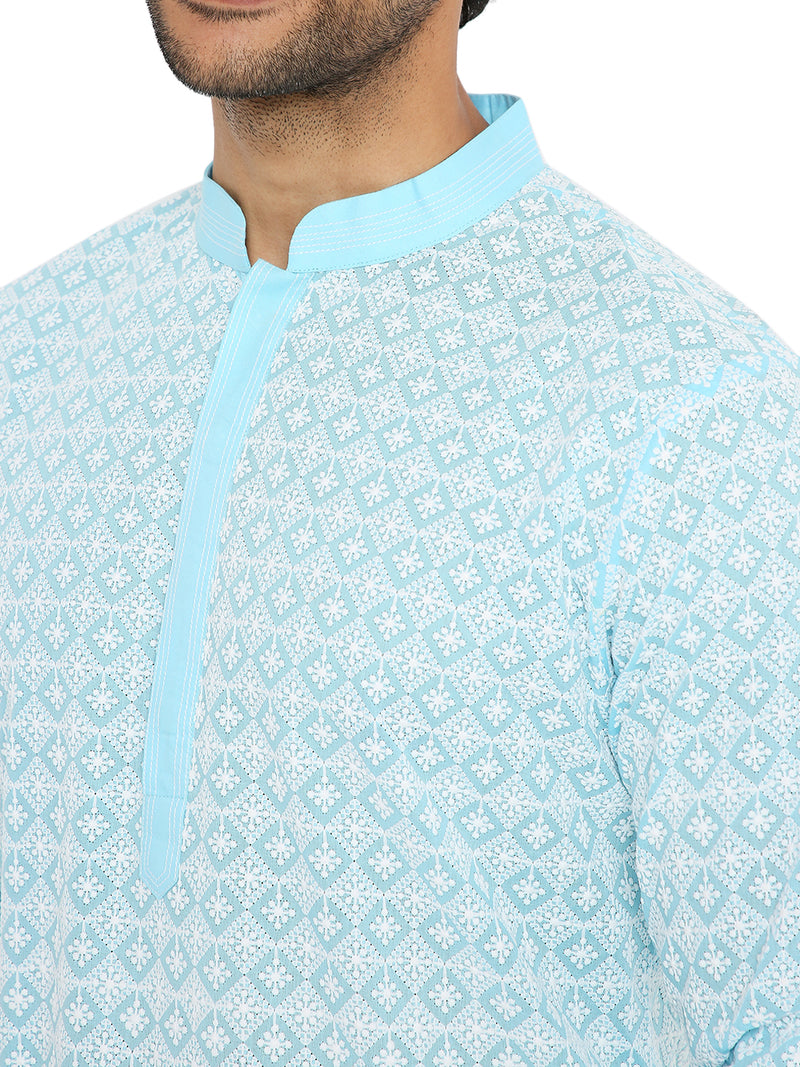 OLYMPIC BLUE REGULAR FIT KURTA WITH WHITE THREAD EMBRIODERY