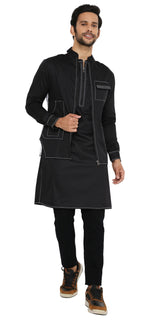 JET BLACK LONG ZIPPER BLACK KURTA WITH 3 POCKET SHACKET SET