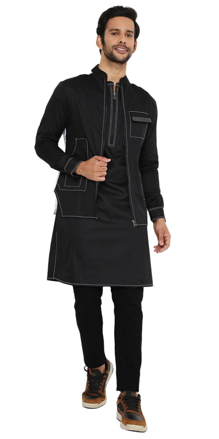 JET BLACK LONG ZIPPER BLACK KURTA WITH 3 POCKET SHACKET SET