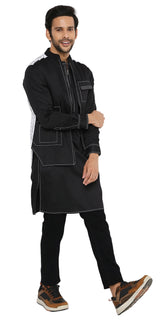 JET BLACK LONG ZIPPER BLACK KURTA WITH 3 POCKET SHACKET SET