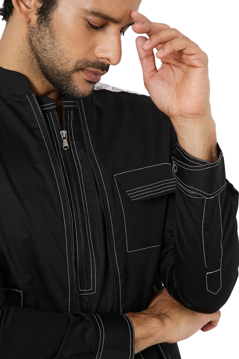 JET BLACK LONG ZIPPER BLACK KURTA WITH 3 POCKET SHACKET SET