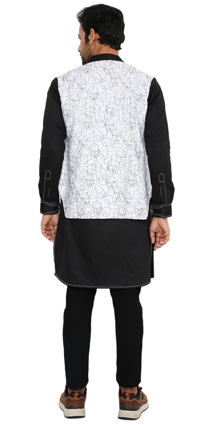 JET BLACK LONG ZIPPER BLACK KURTA WITH 3 POCKET SHACKET SET