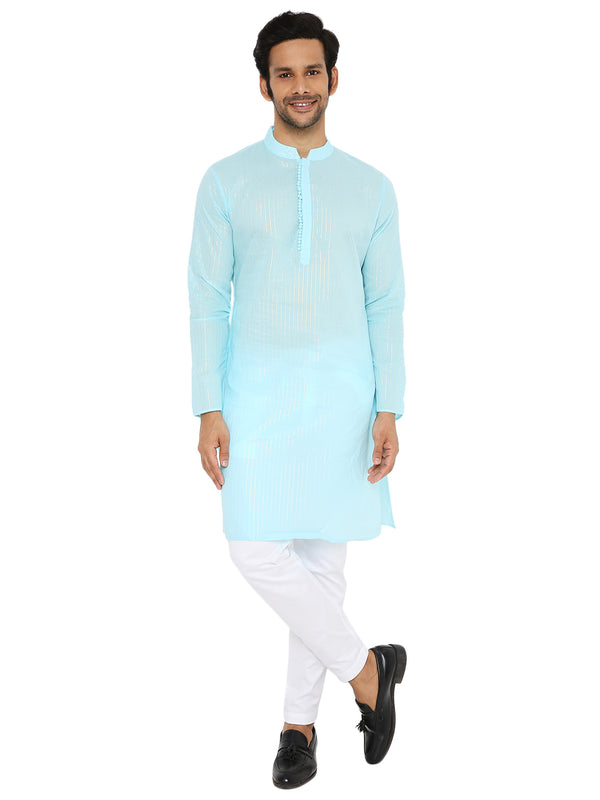 LIGHT FIROZI COTTON ZARI KURTA WITH POTLI BUTTONS