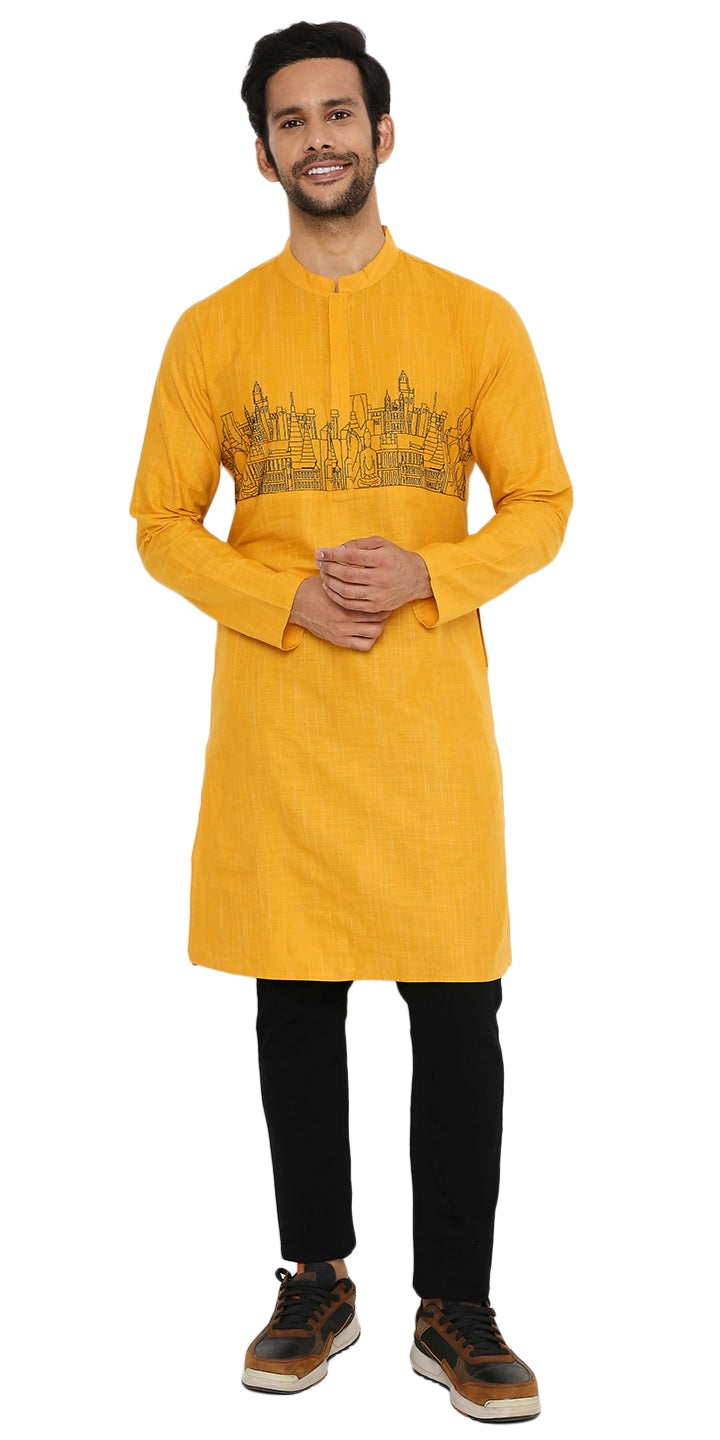 OCHRE REGULAR FIT KURTA WITH LANDSCAPE EMBRIODERY
