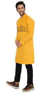 OCHRE REGULAR FIT KURTA WITH LANDSCAPE EMBRIODERY