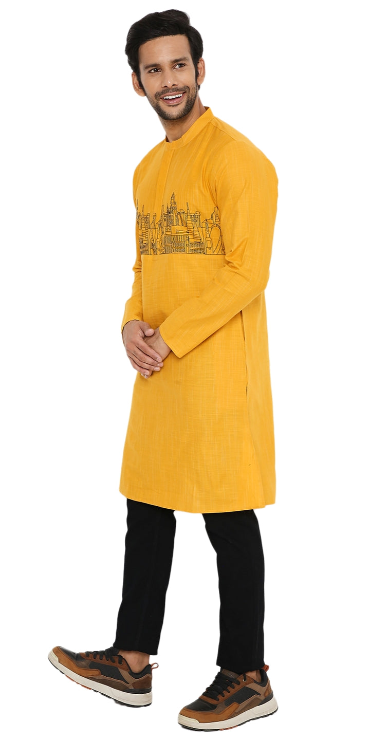 OCHRE REGULAR FIT KURTA WITH LANDSCAPE EMBRIODERY
