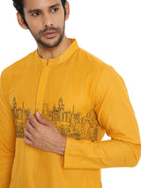 OCHRE REGULAR FIT KURTA WITH LANDSCAPE EMBRIODERY