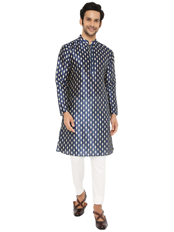 BE DESI NAVY BLUE IKAT PRINTED SILK REGULAR FIT LONG KURTA PYJAMA SET