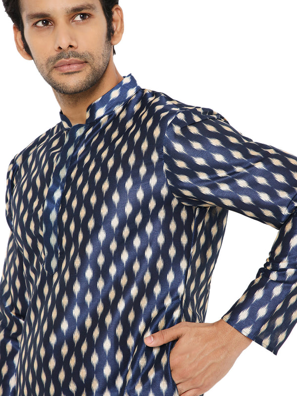BE DESI NAVY BLUE IKAT PRINTED SILK REGULAR FIT LONG KURTA PYJAMA SET