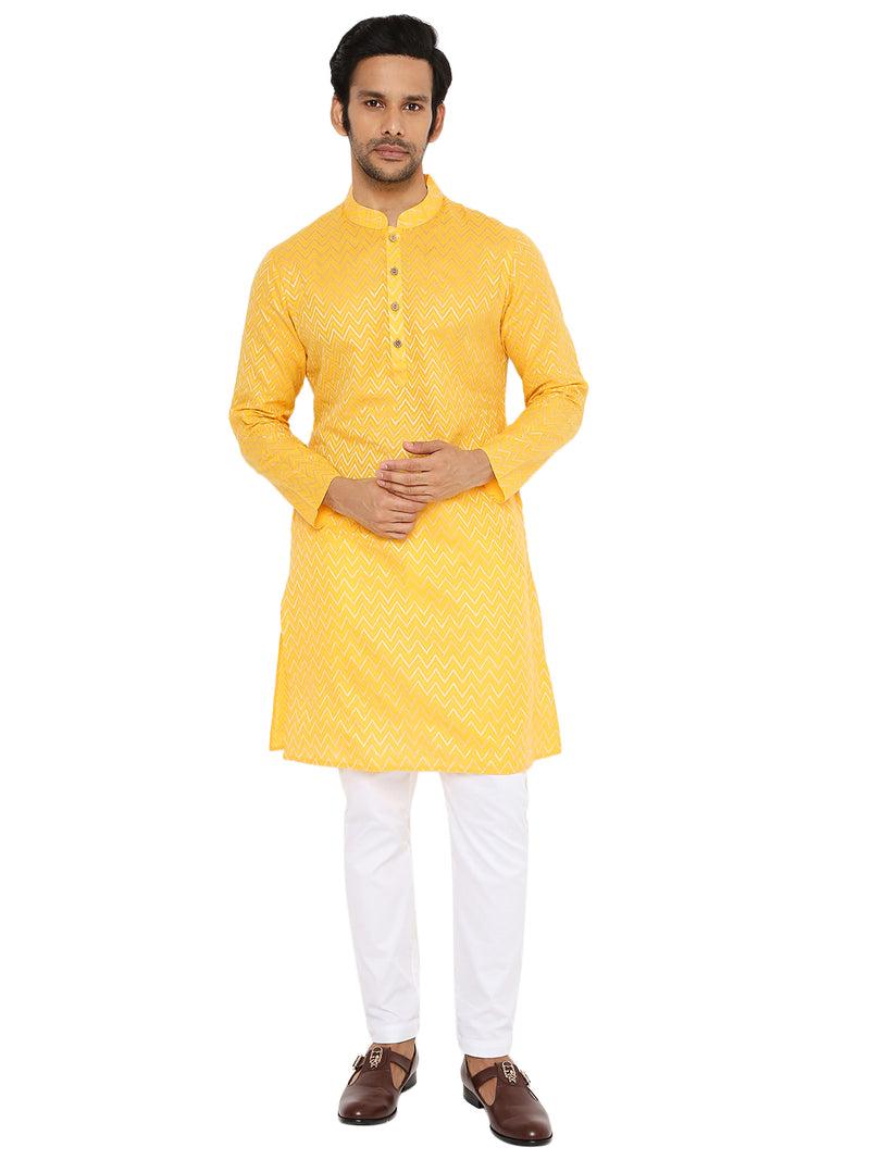 SPECTRA YELLOW ZARI WOVEN KURTA WITH CHEVRON DESIGN