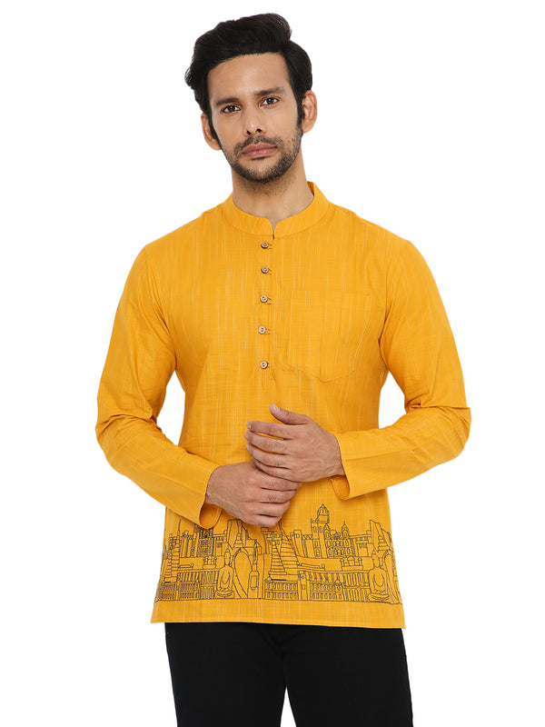 OCHRE MEN'S SHORT KURTA WITH LANDSCAPE EMBRIODERY DESIGN