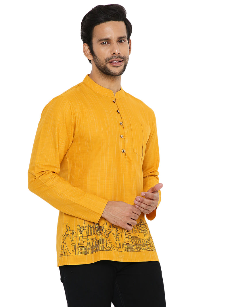 OCHRE MEN'S SHORT KURTA WITH LANDSCAPE EMBRIODERY DESIGN