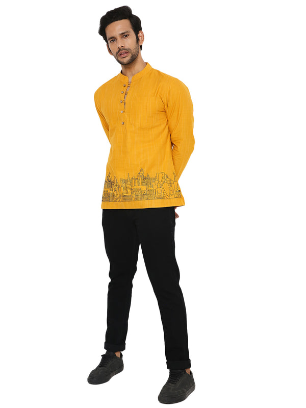 OCHRE MEN'S SHORT KURTA WITH LANDSCAPE EMBRIODERY DESIGN