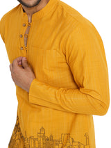 OCHRE MEN'S SHORT KURTA WITH LANDSCAPE EMBRIODERY DESIGN