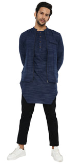 NAVY BLUE ASYMETRIC KURTA SET WITH 3 POCKET ZIPPER SHACKET