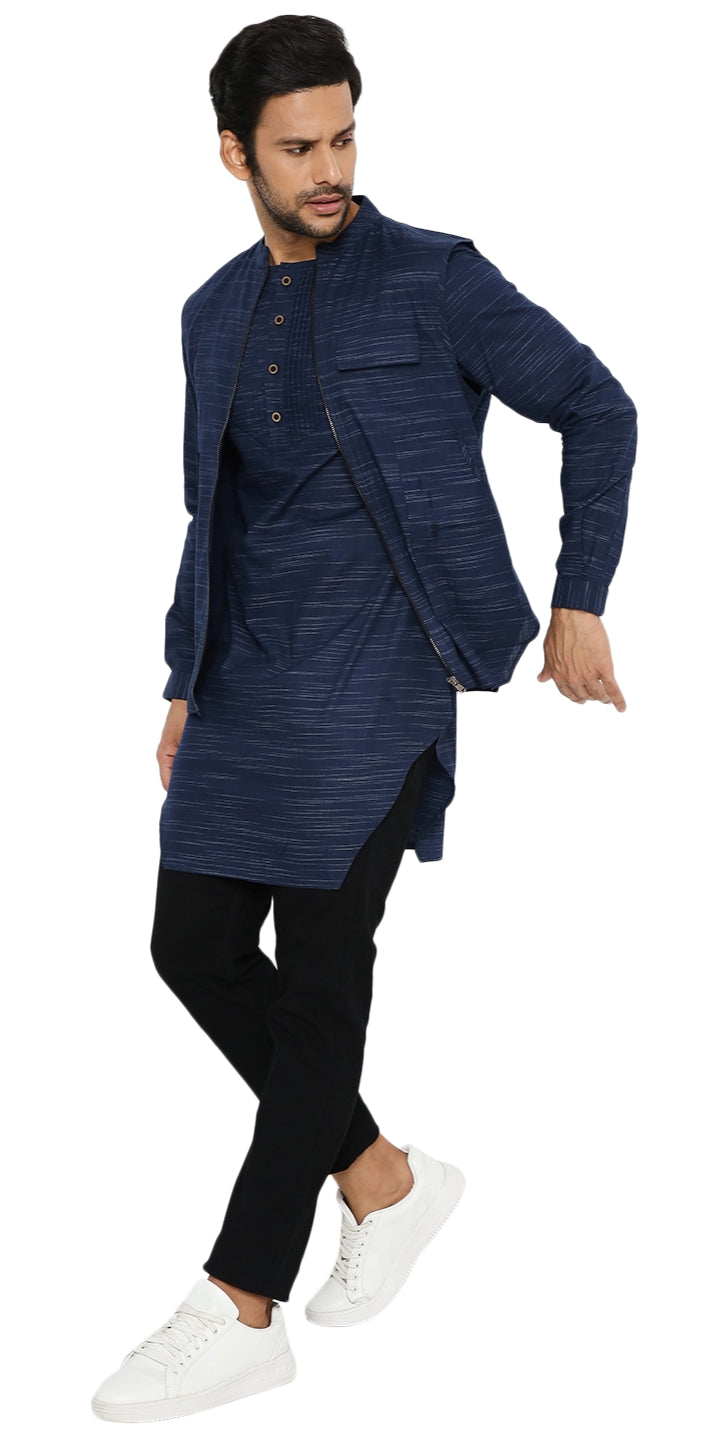 NAVY BLUE ASYMETRIC KURTA SET WITH 3 POCKET ZIPPER SHACKET