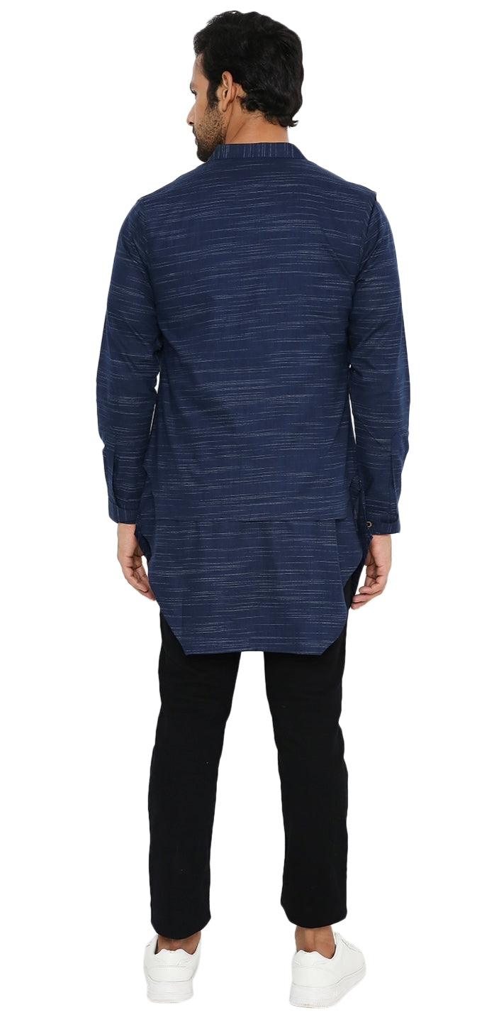 NAVY BLUE ASYMETRIC KURTA SET WITH 3 POCKET ZIPPER SHACKET