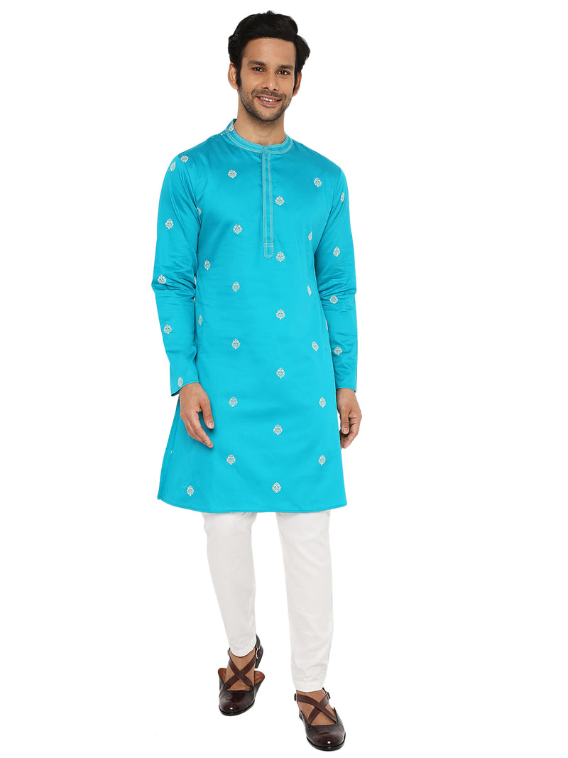 MIDNIGHT GREEN SATIN EMBRIODERED KURTA WITH NECK DETAILING