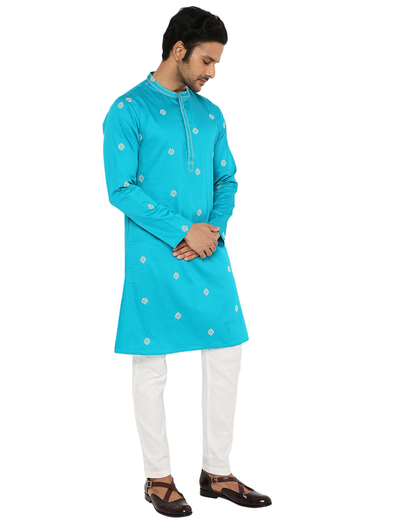 MIDNIGHT GREEN SATIN EMBRIODERED KURTA WITH NECK DETAILING