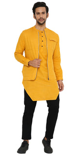 YELLOW ASYMETRIC KURTA SET WITH 3 POCKET ZIPPER SHACKET