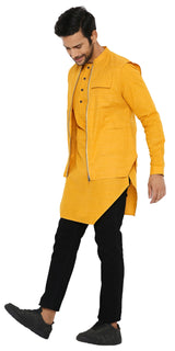YELLOW ASYMETRIC KURTA SET WITH 3 POCKET ZIPPER SHACKET