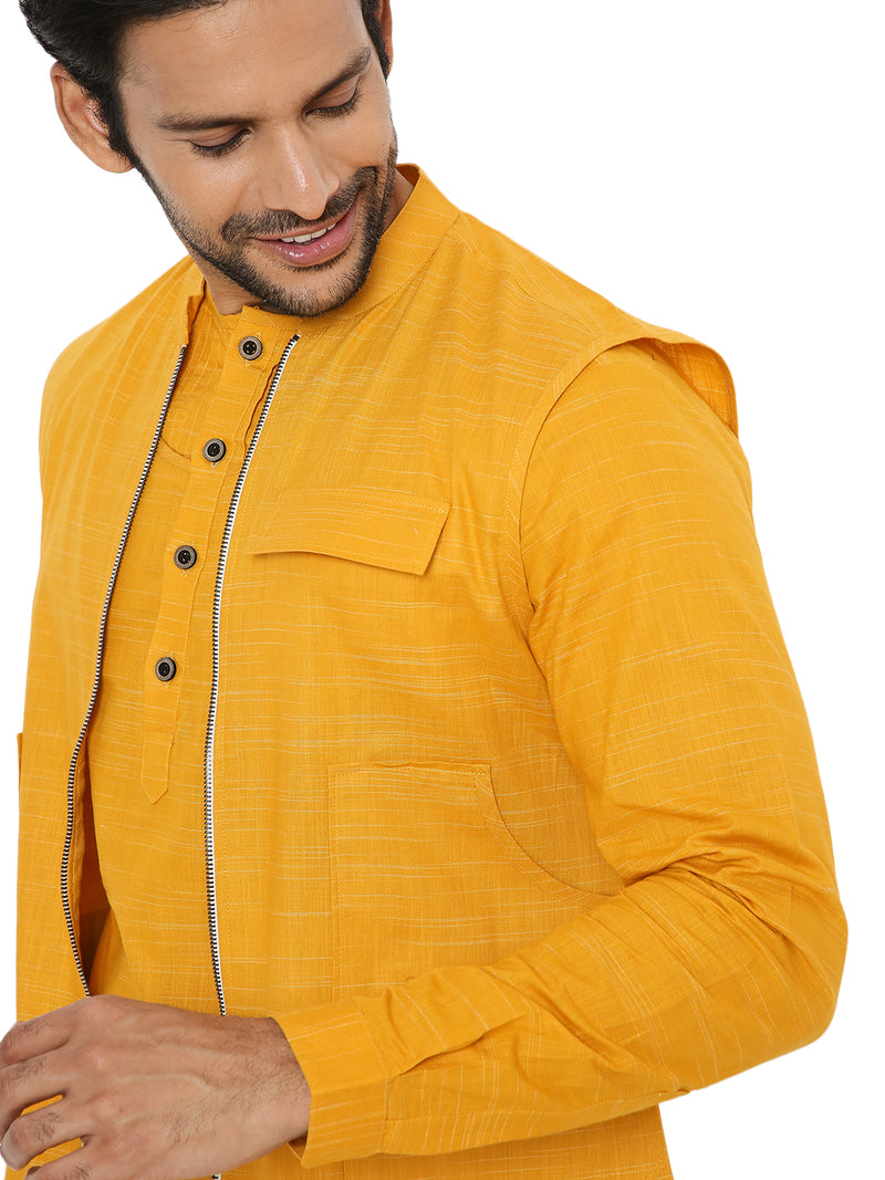 YELLOW ASYMETRIC KURTA SET WITH 3 POCKET ZIPPER SHACKET