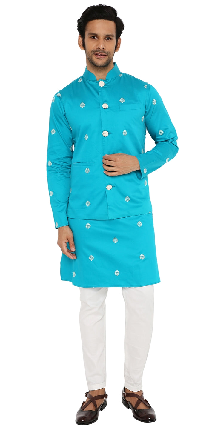 MIDNIGHT GREEN SATIN EMBRIODERED KURTA BANDI SET