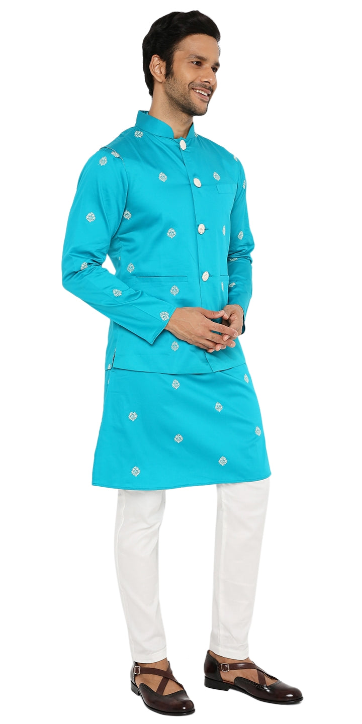 MIDNIGHT GREEN SATIN EMBRIODERED KURTA BANDI SET