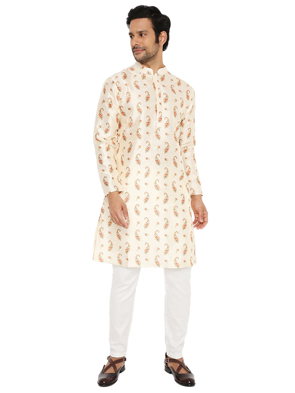 Front view of Be Desi paisley printed silk kurta for men for wedding occassions