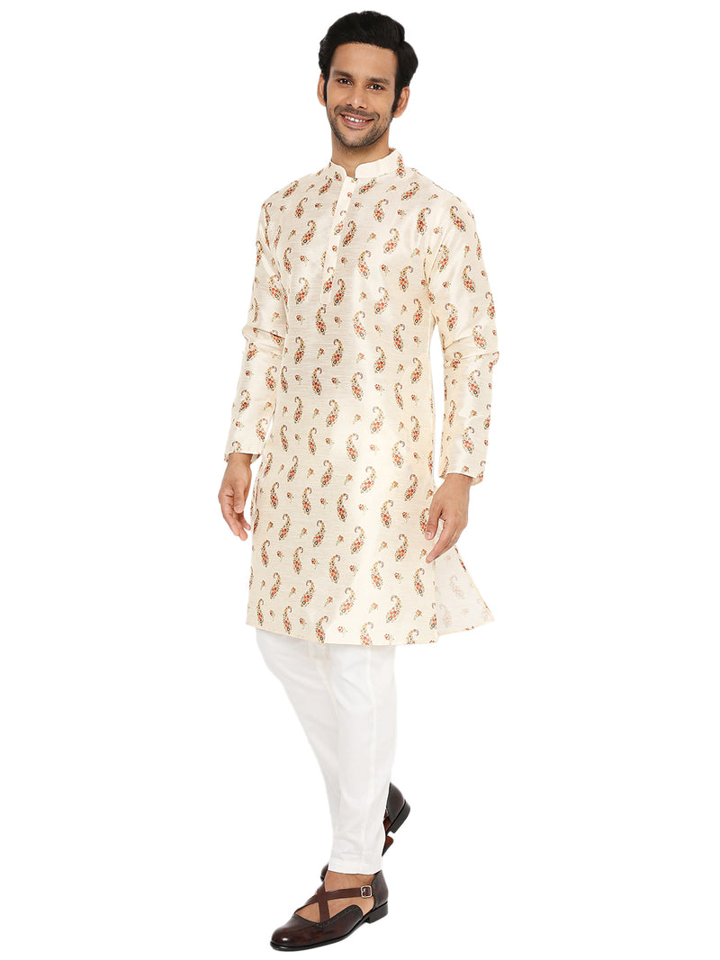 Front view of Be Desi paisley printed silk kurta for men
